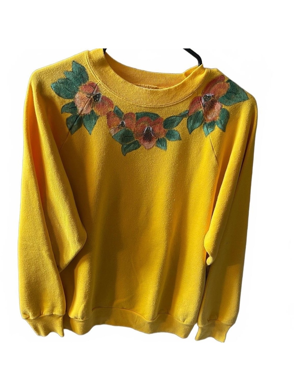90s Vintage Yellow Sweatshirt with Floral Embroidery Size Large